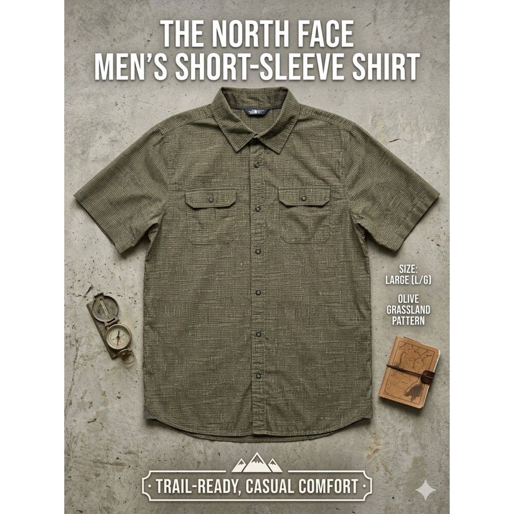 The North Face Men's Size Large Olive Green Checkered Short Sleeve Button Down